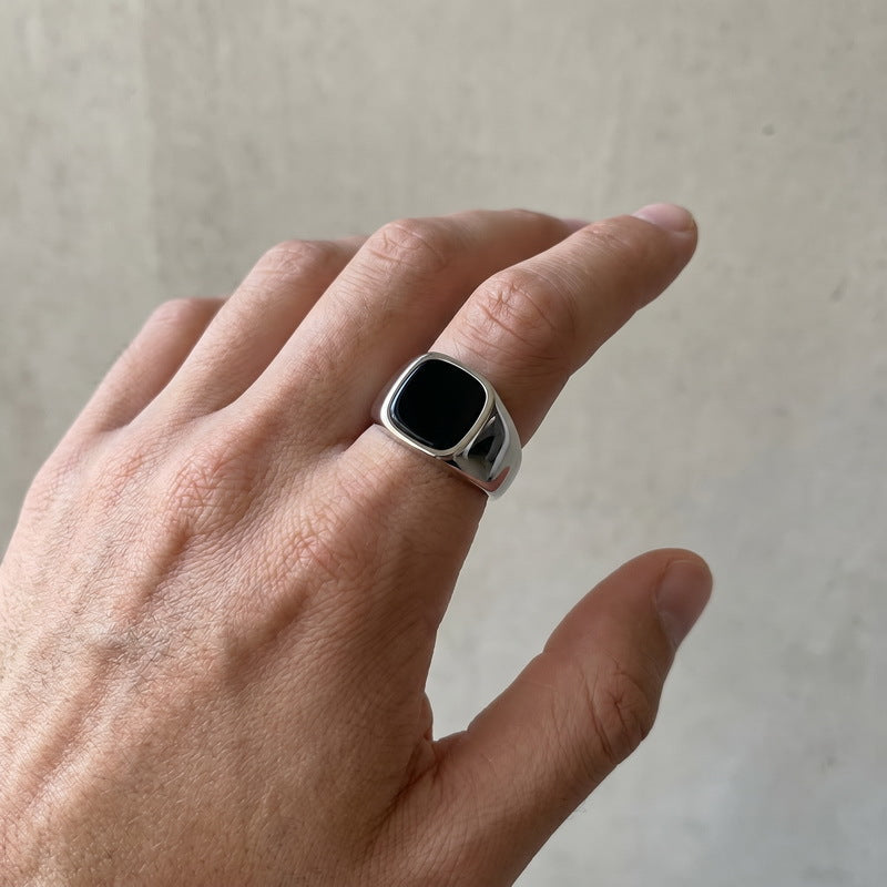Cold Smooth Stainless Steel Ring, Square Black Stone Titanium Steel Men's