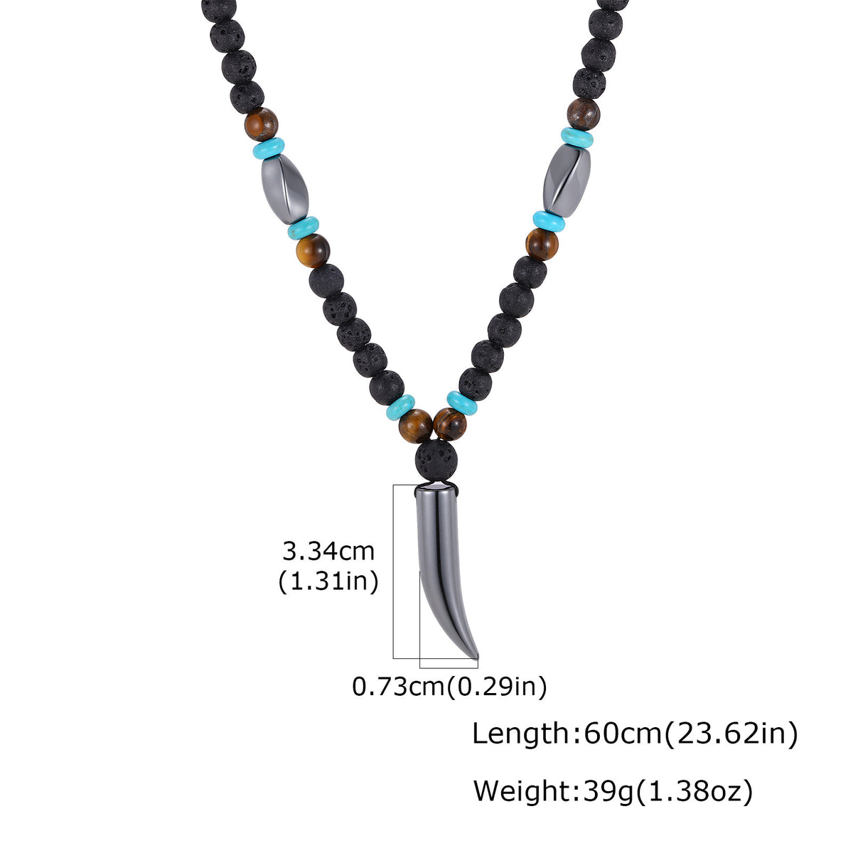 Men's Stainless Steel Volcanic Stone Tiger's Eye Stone Wolf Tooth Pendant Necklace Punk