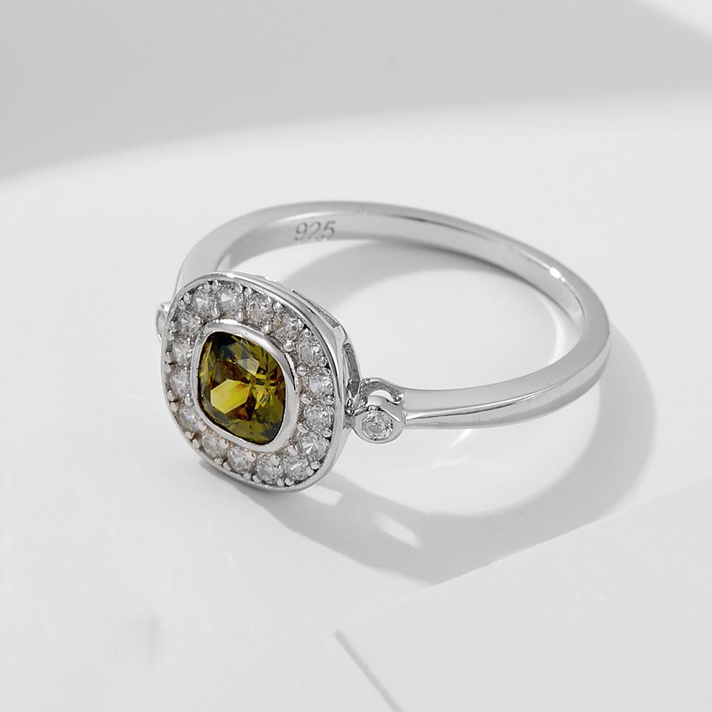 S925 Sterling Silver Oval Olive Green Zircon Ring Retro Index Finger Tail Ring