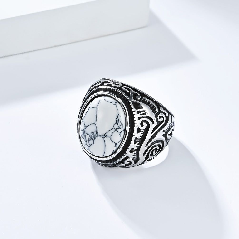 Planderful Mens Titanium Steel Ring With Tiger Eye Gem Retro Engraved Bold Statement Jewelry