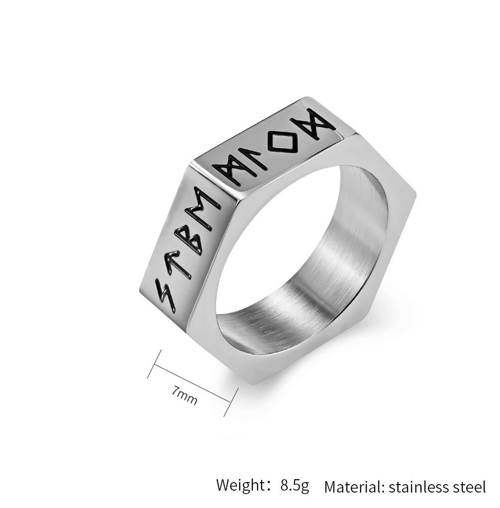Planderful Everyday Genie Stainless Steel Ring With Hexagonal Niche And Pirate Viking Text For Hipster Vibe