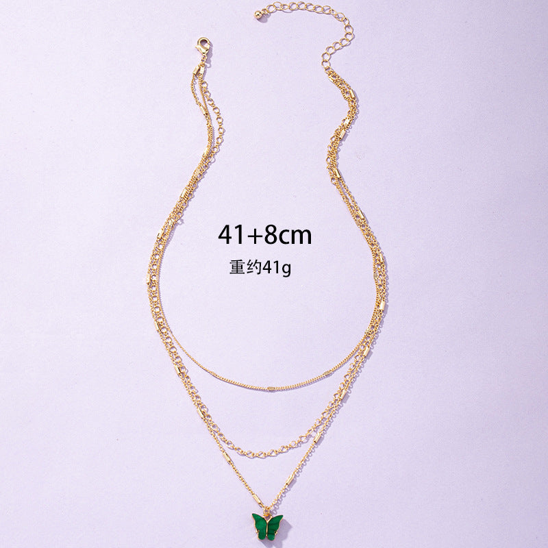 Elegant 3-Layer Butterfly Necklace with Multi-color Layers for Women, Stylish Sweater Chain