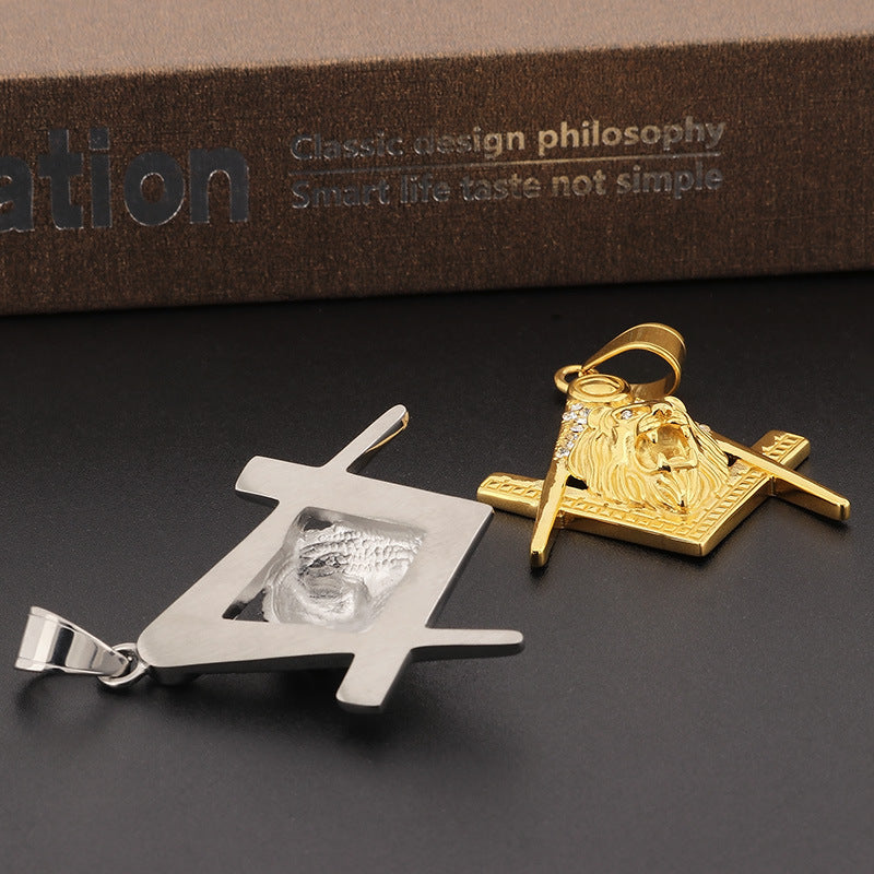 Stylish Stainless Steel Masonic Lion Head Pendant with Zircon Accents for Men