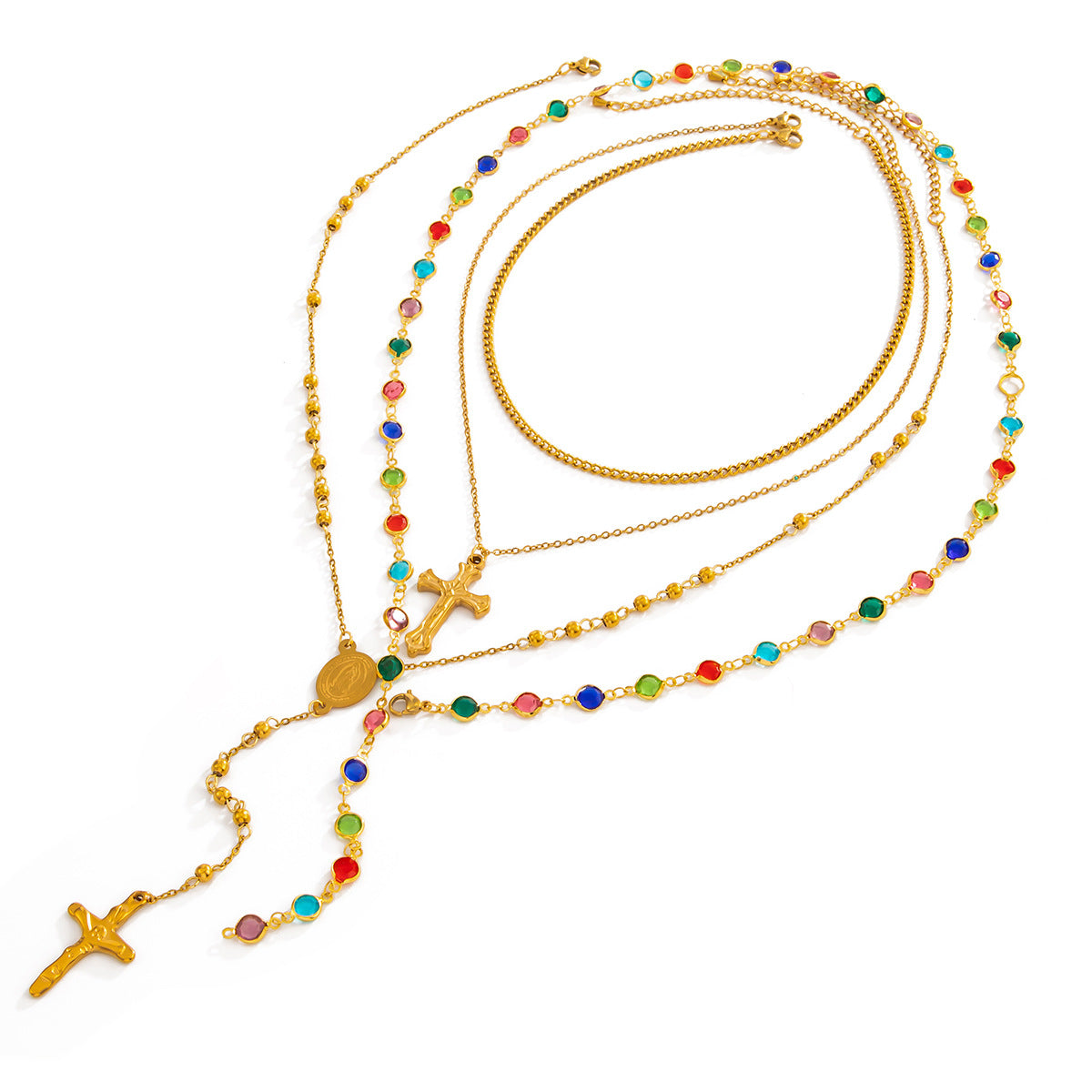 Vintage Cross & Crystal-Style Layered Necklace