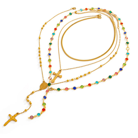 Vintage Cross & Crystal-Style Layered Necklace