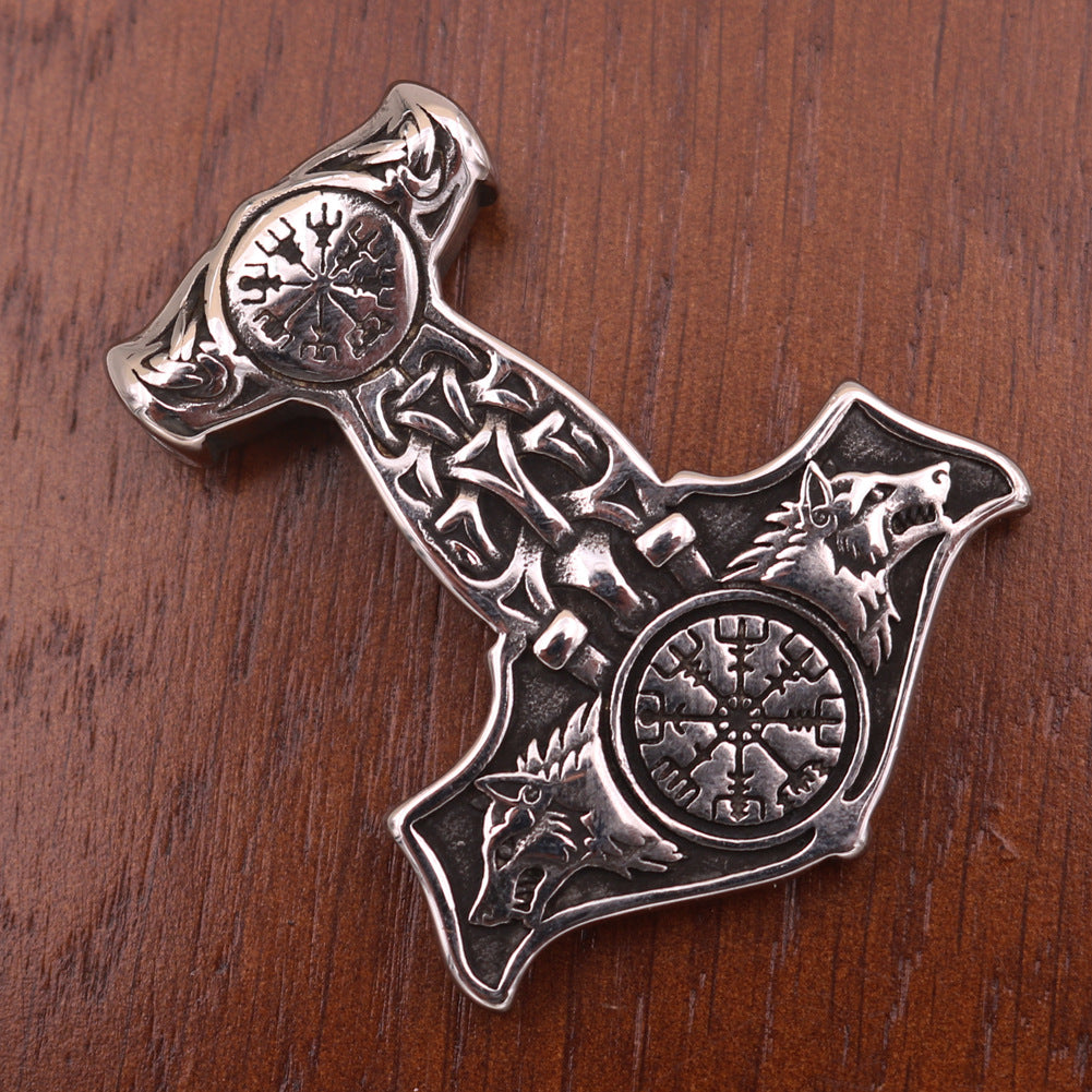 Viking Odin Hammer Wolf Head Pendant Necklace - Titanium Steel Jewelry for Men