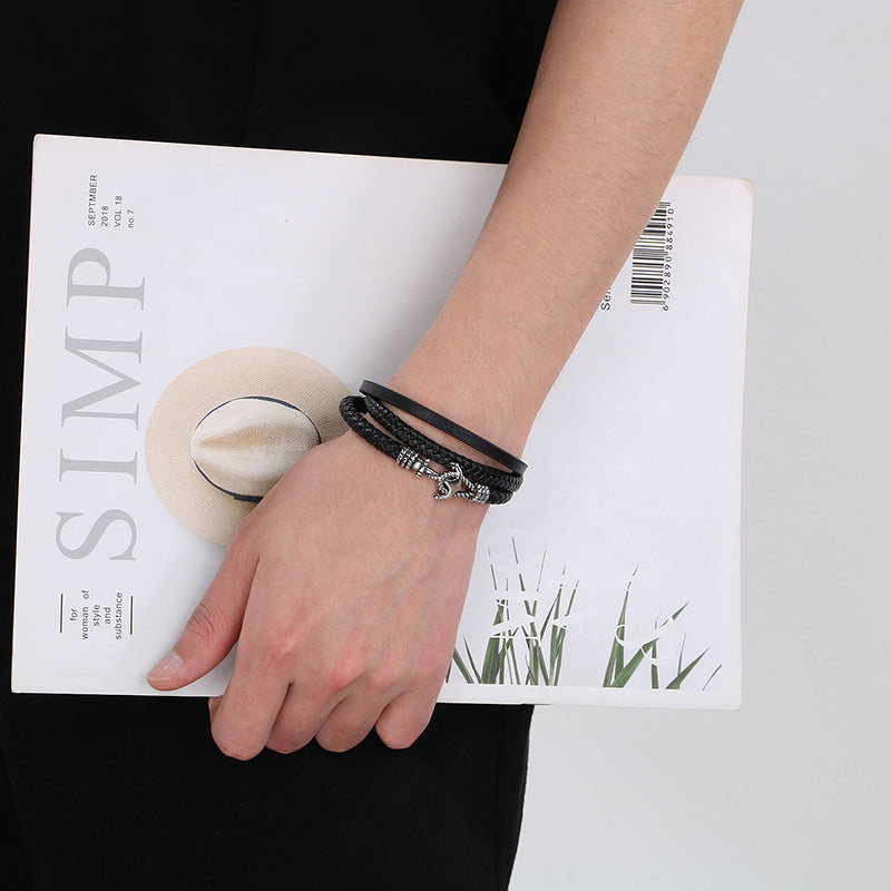 Planderful Mens Anchor Leather Rope Bracelet For Men Bold