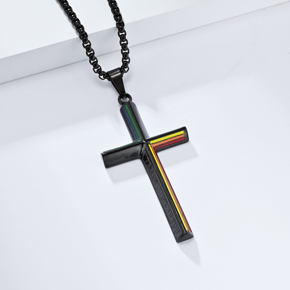 Planderful Rainbow Flag Cross Necklace Unisex Steel Titanium Everyday Genie Personalized