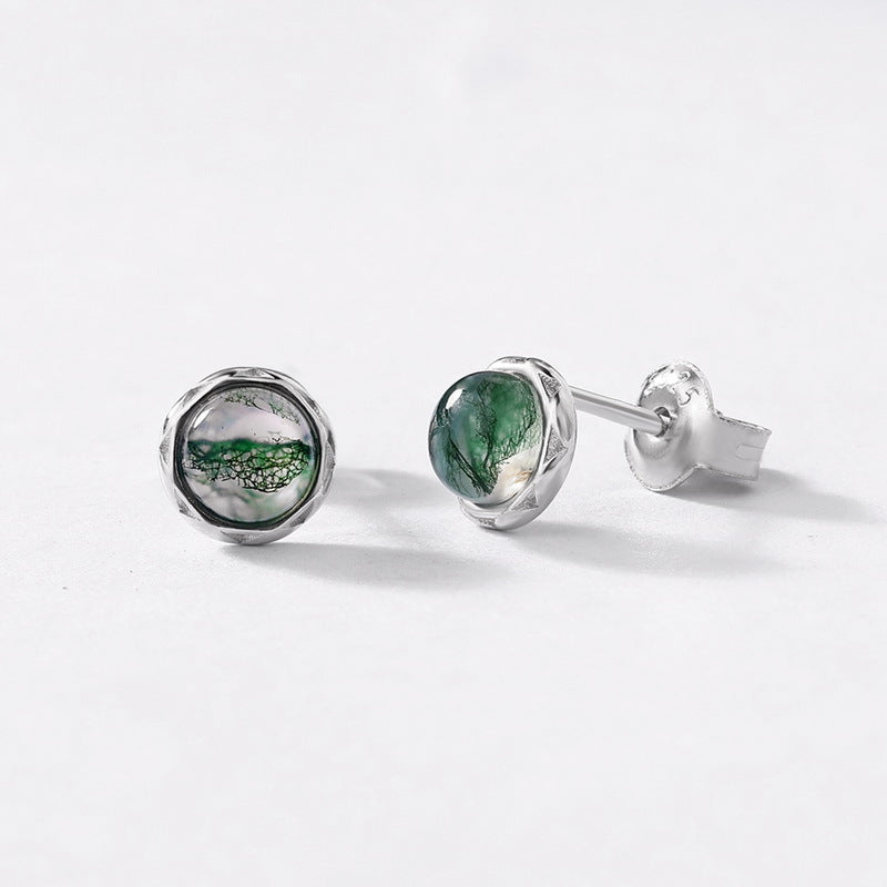 S925 Sterling Silver Moss Agate Minimalist Stud Earrings