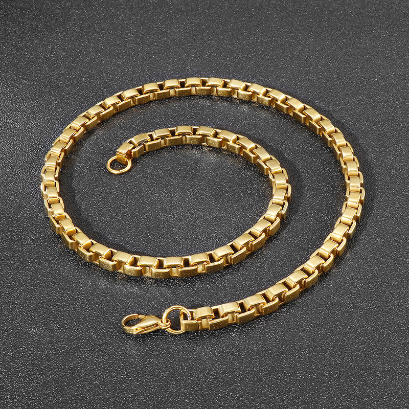 Popular Stainless Steel 7mm Electroplated Gold Box Chain Titanium Steel Necklace