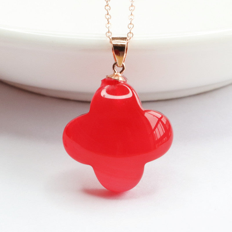 Red Agate Clover Silver Pendant — No Chain