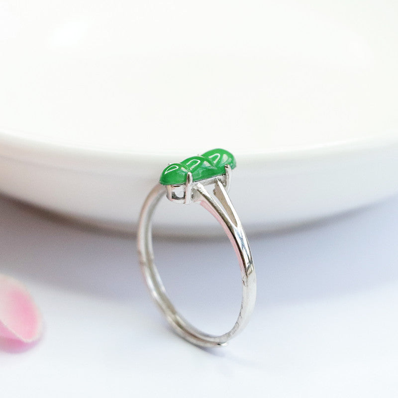 Sterling Silver Adjustable Natural Green Bean Jade Ring