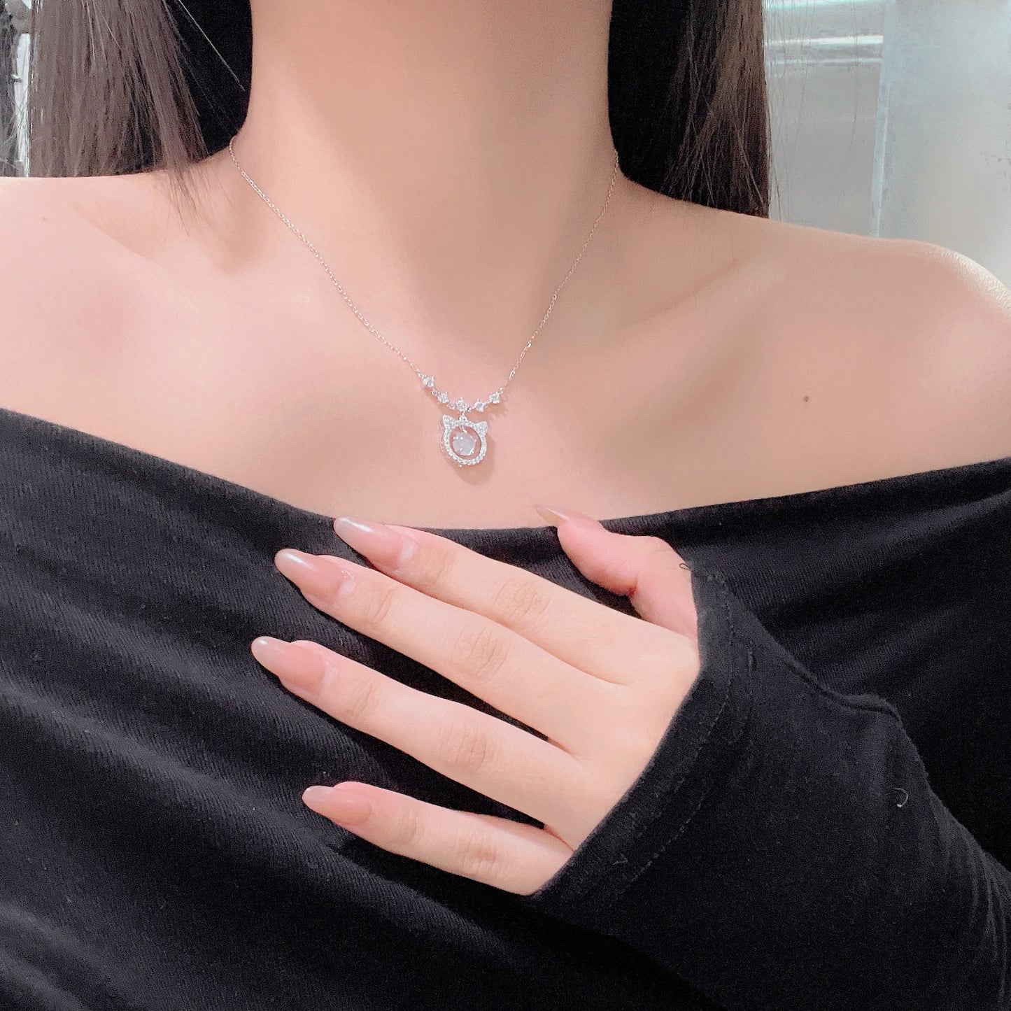 S925 Sterling Silver Cat Chalcedony Inlaid Necklace Female Cute Design