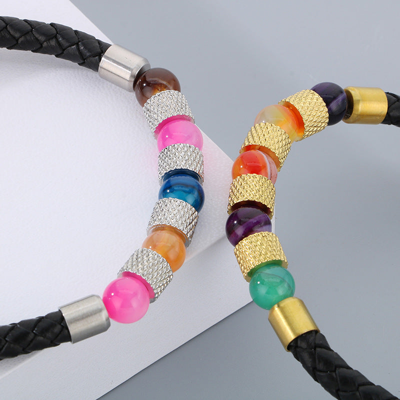 Bohemian Quartz Stone Beaded Leather Rope Bracelet – Magnetic Buckle Bracelet – Leather
