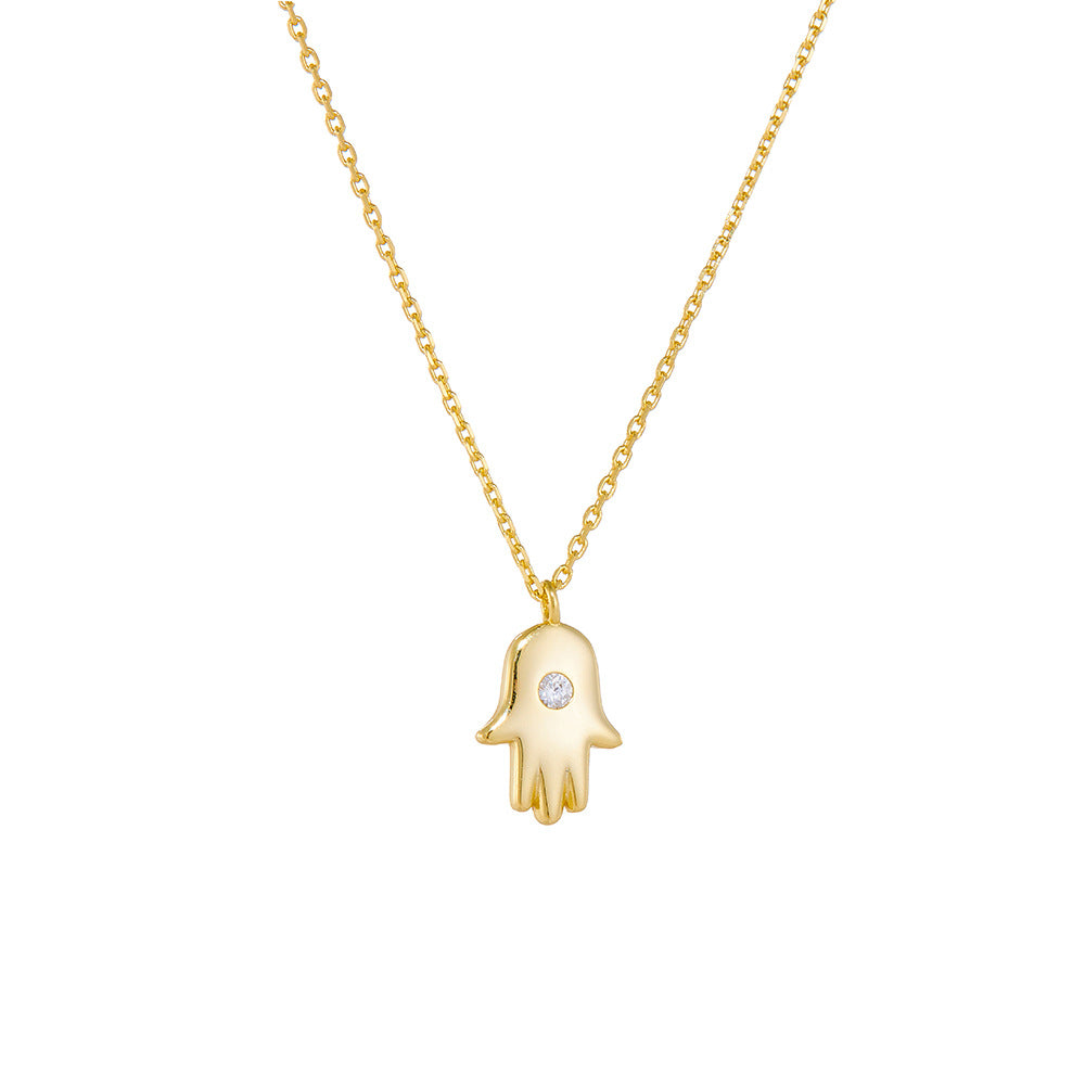 Hip Hop Personality Zircon Fatima Palm Pendant Necklace 925 Sterling Silver Women