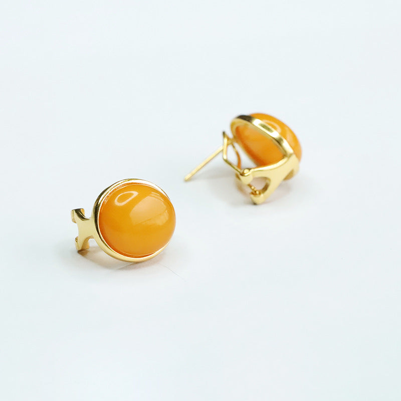 925 Sterling Silver Beeswax Amber Cabochon Stud Earrings