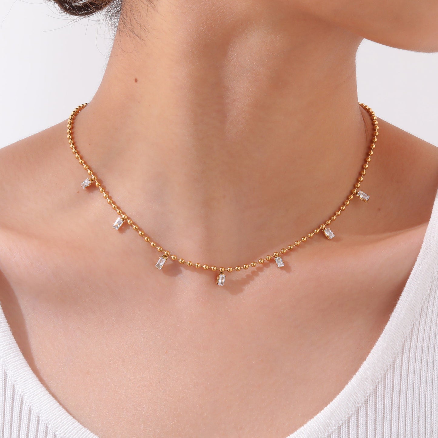 Stainless Steel Bead Chain White Square Zircon Gold Necklace Female