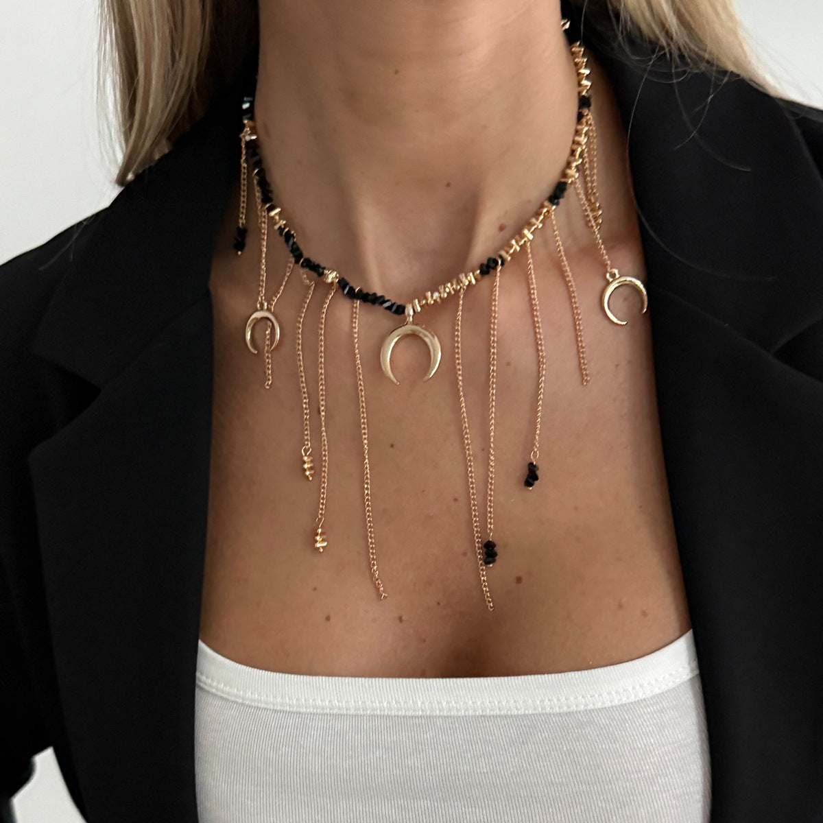 Crescent Bead Fringe Collarbone Necklace