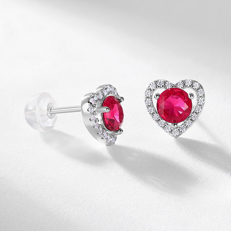 S925 Sterling Silver Lab-Grown Ruby Round Stud Earrings