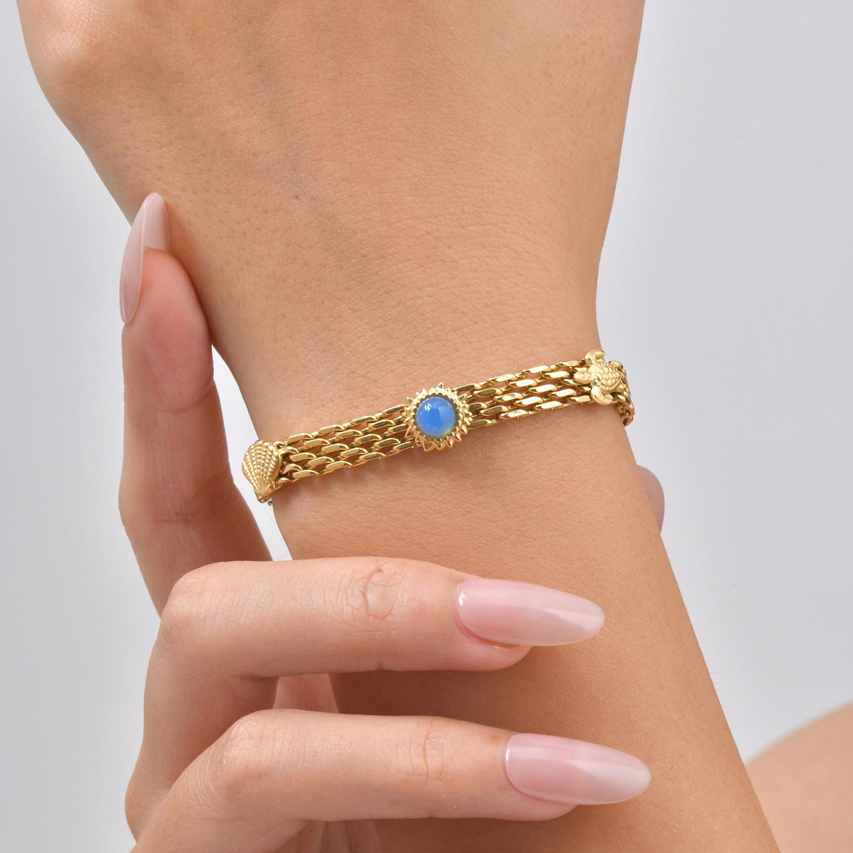 Ocean-Inspired Stainless Steel Mesh Strap Starfish Turtle Sun Natural Blue Chalcedony Bracelet