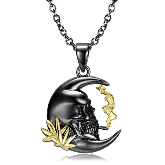 Halloween Smoking Skull Moon Pendant Silver Necklace