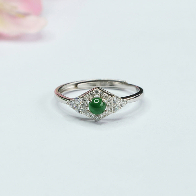 Icy Jade and Zircon Rhombus Sterling Silver Ring