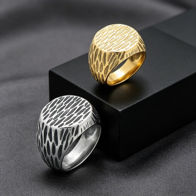 Retro Boys Hammer Pattern Round Ring Face Trendy Men Ring Meteorite Pattern Stainless