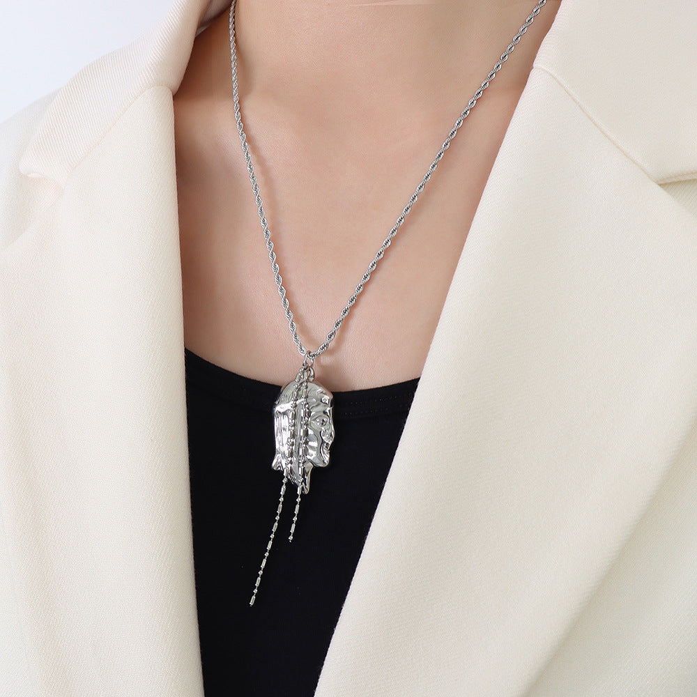 Frosty Titanium Steel Gold Portrait Necklace by Planderful