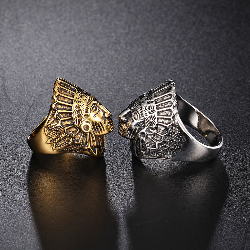 Punk Style Indian Chieftain Men's Titanium Steel Ring - European and American Retro Design