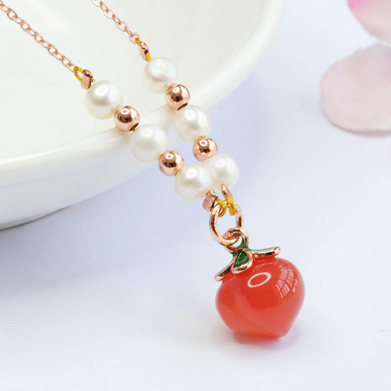 Sterling Silver Agate Peach Pendant Necklace with Pearl Beads