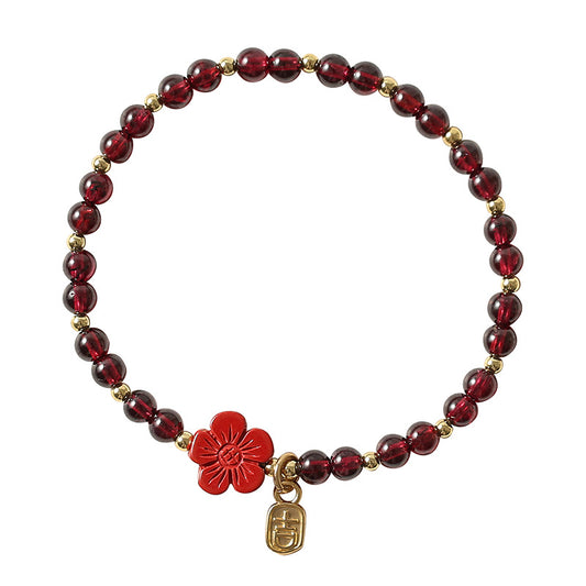 Little Red Flower Garnet Elastic Rope Bracelet with Gold Beads