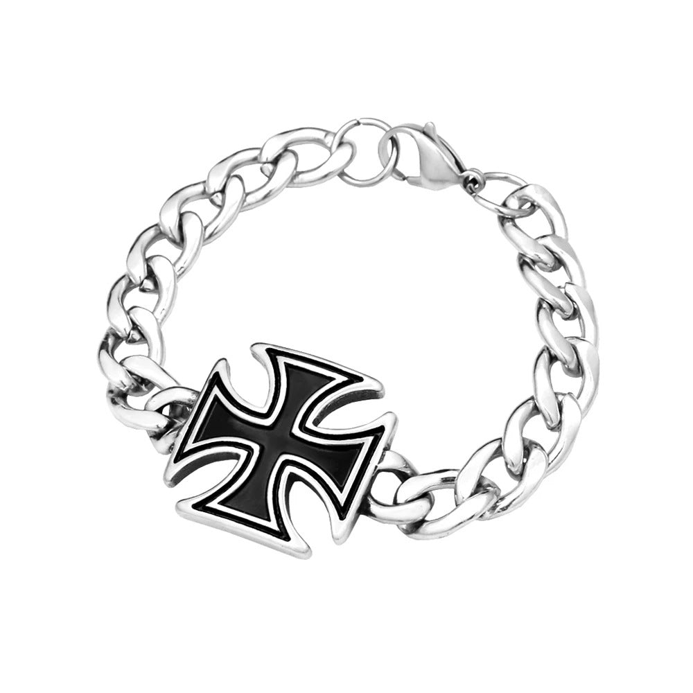 Planderful Vintage Stainless Steel Cuban Bracelet With Black Epoxy Cross For Men