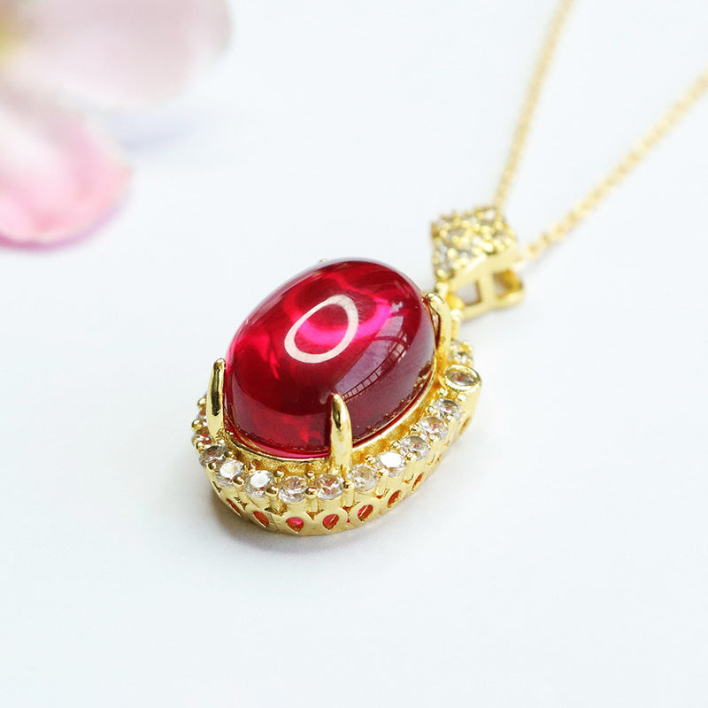 Lab-Grown Ruby Oval Zircon Halo Pendant — No Chain
