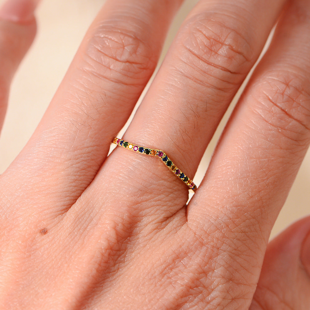 Jewelry S925 Sterling Silver Colored Zircon Ring Index Finger Ring Micro-Colored Zircon Ring