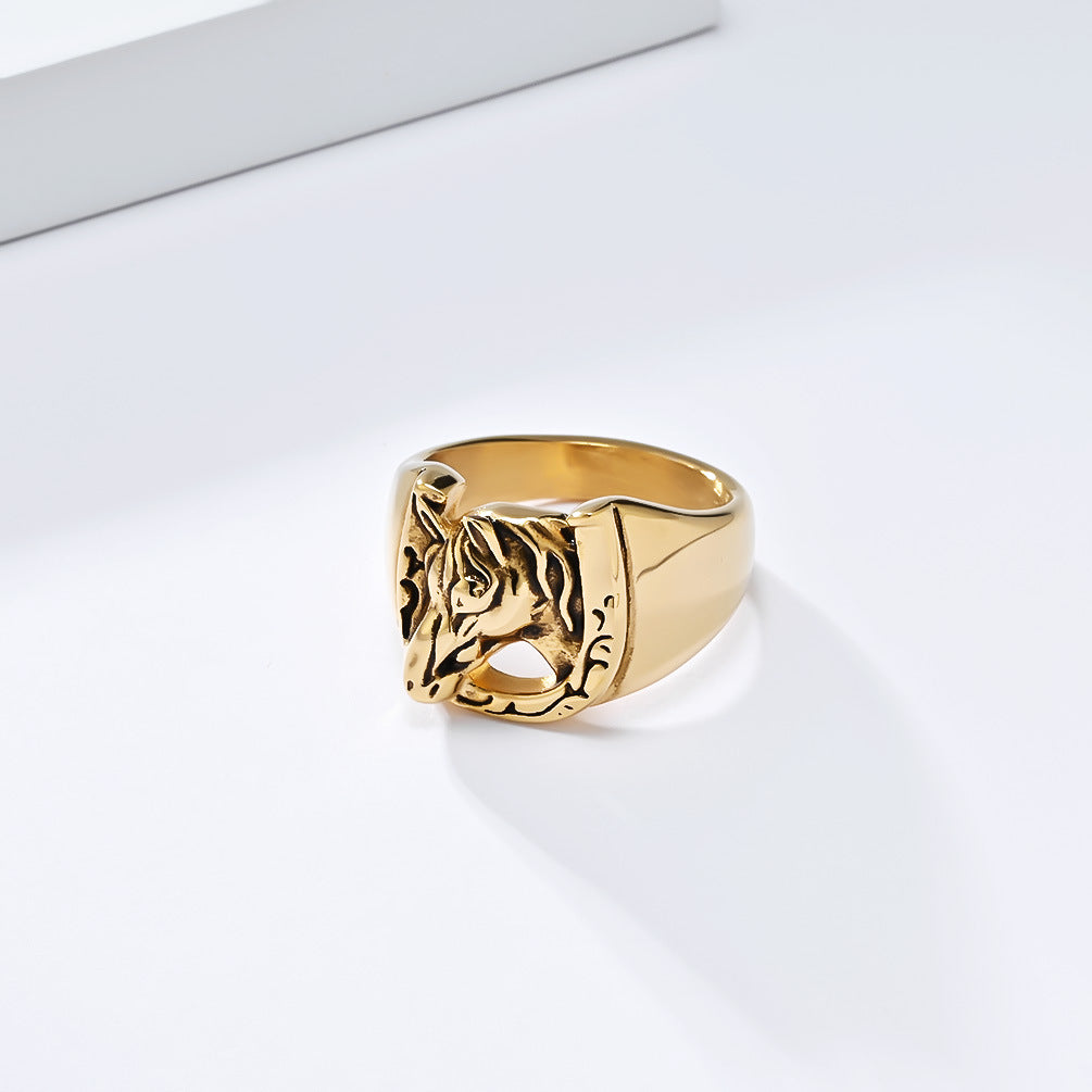 Planderful Personalized Retro Horse Head Titanium Steel Ring For Hip Hop And Hipster Style
