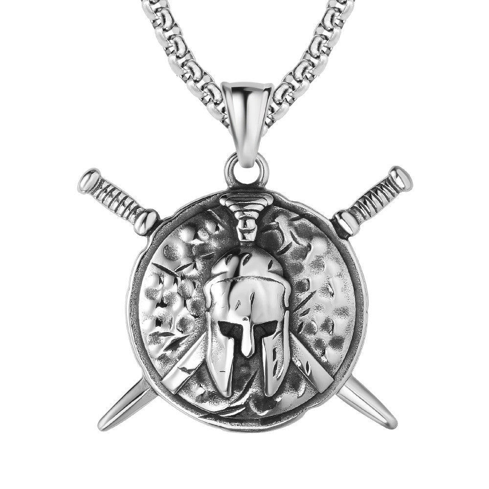 Spartan Helmet Pendant Double Sword Titanium Steel Unisex Jewelry By Planderful For Men And Women