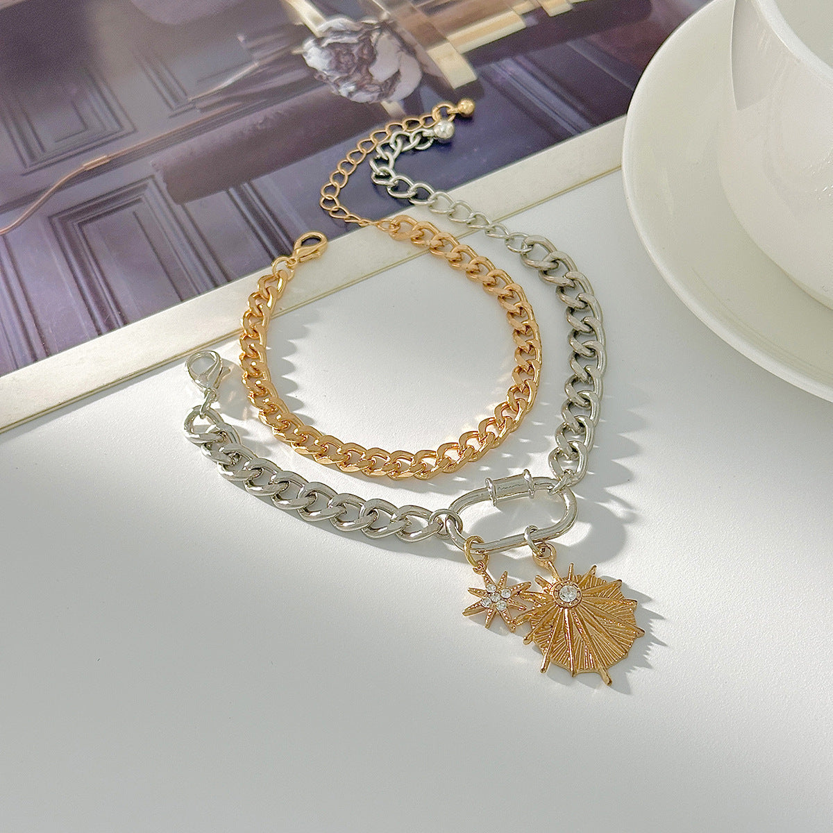 Planderful Vienna Verve Hip Hop Metal Chain Bracelet Women Sun Pendant Statement Jewelry