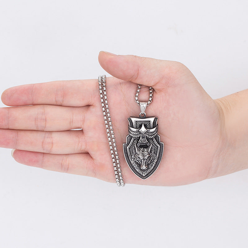 Steel Necklace – Statement For Men Retro Eagle Shield Wolf Head Pendant With Bold Detailing