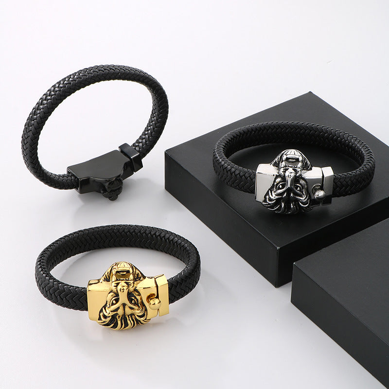 Planderful Mens Leather Bracelet Lion Head Titanium
