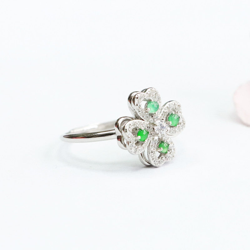 Icy Green Jadeite Clover 925 Silver Ring