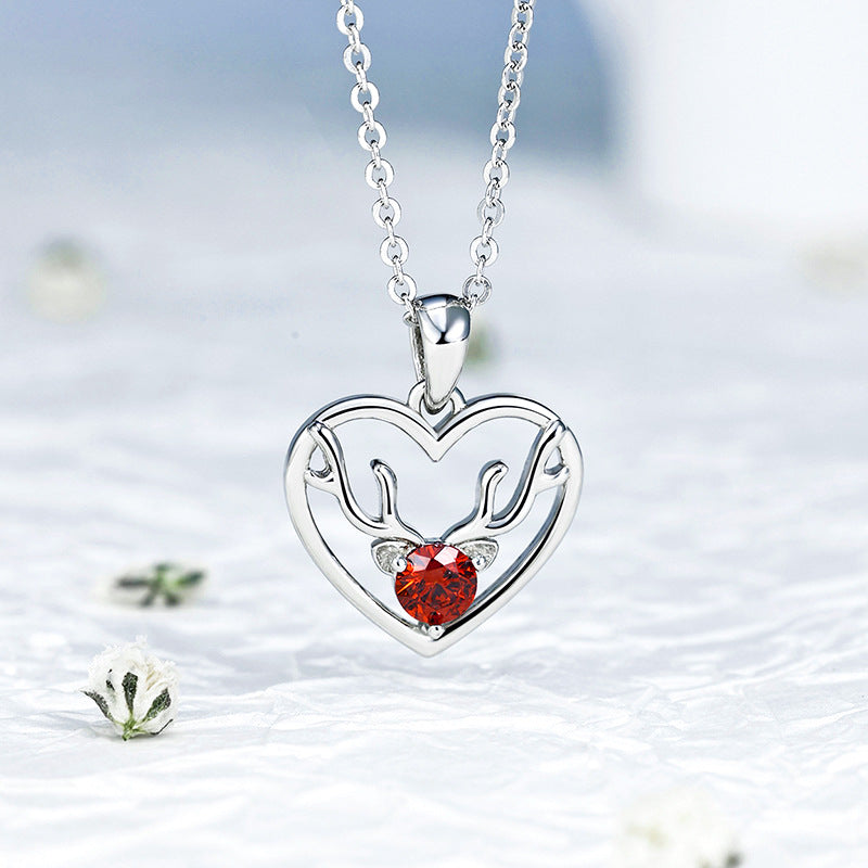 Christmas Deer Heart Shape Pendant Round Red Zircon Sterling Silver Necklace