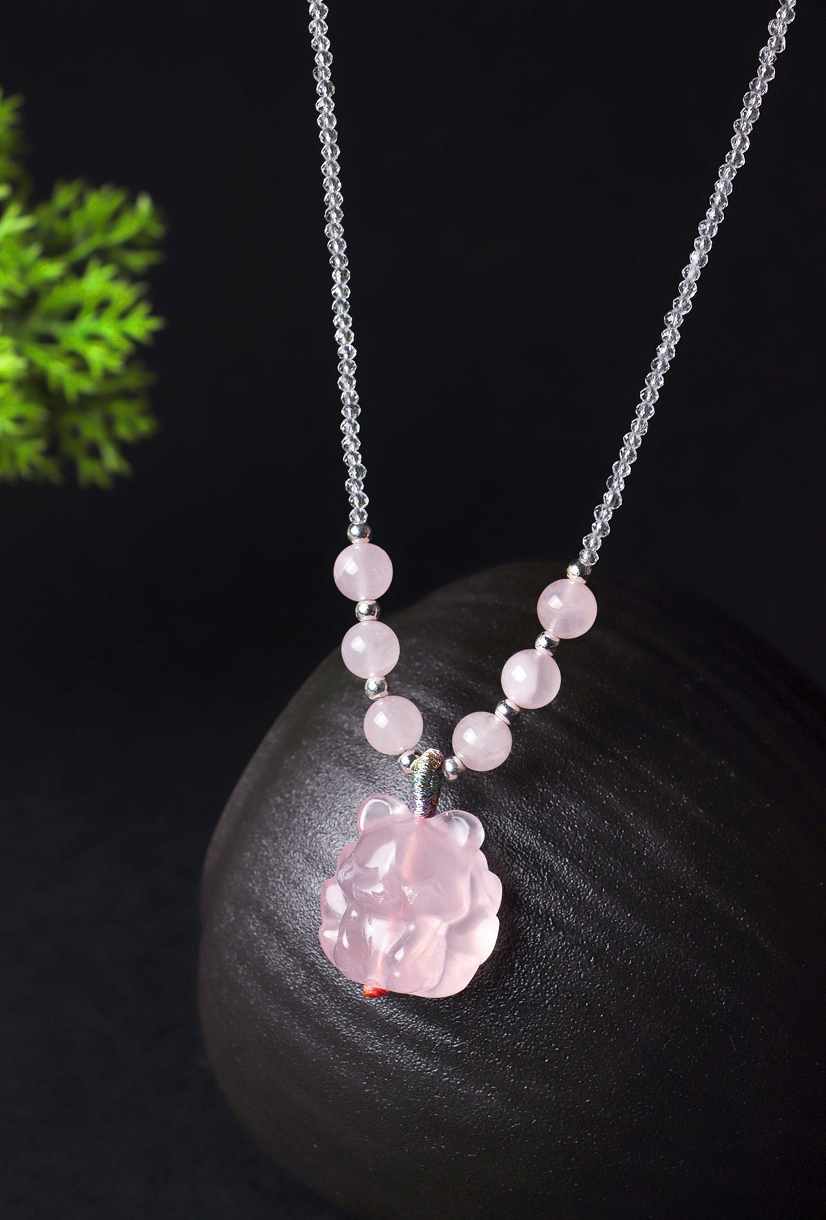 Rose Quartz Crystal Nine-Tailed Fox Pendant Necklace