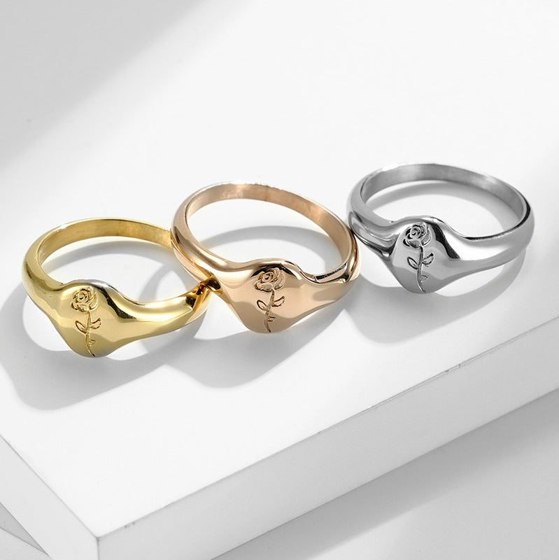 Steel Ring - Elegant European And American Style Floral Seal Ring For Everyday Wear