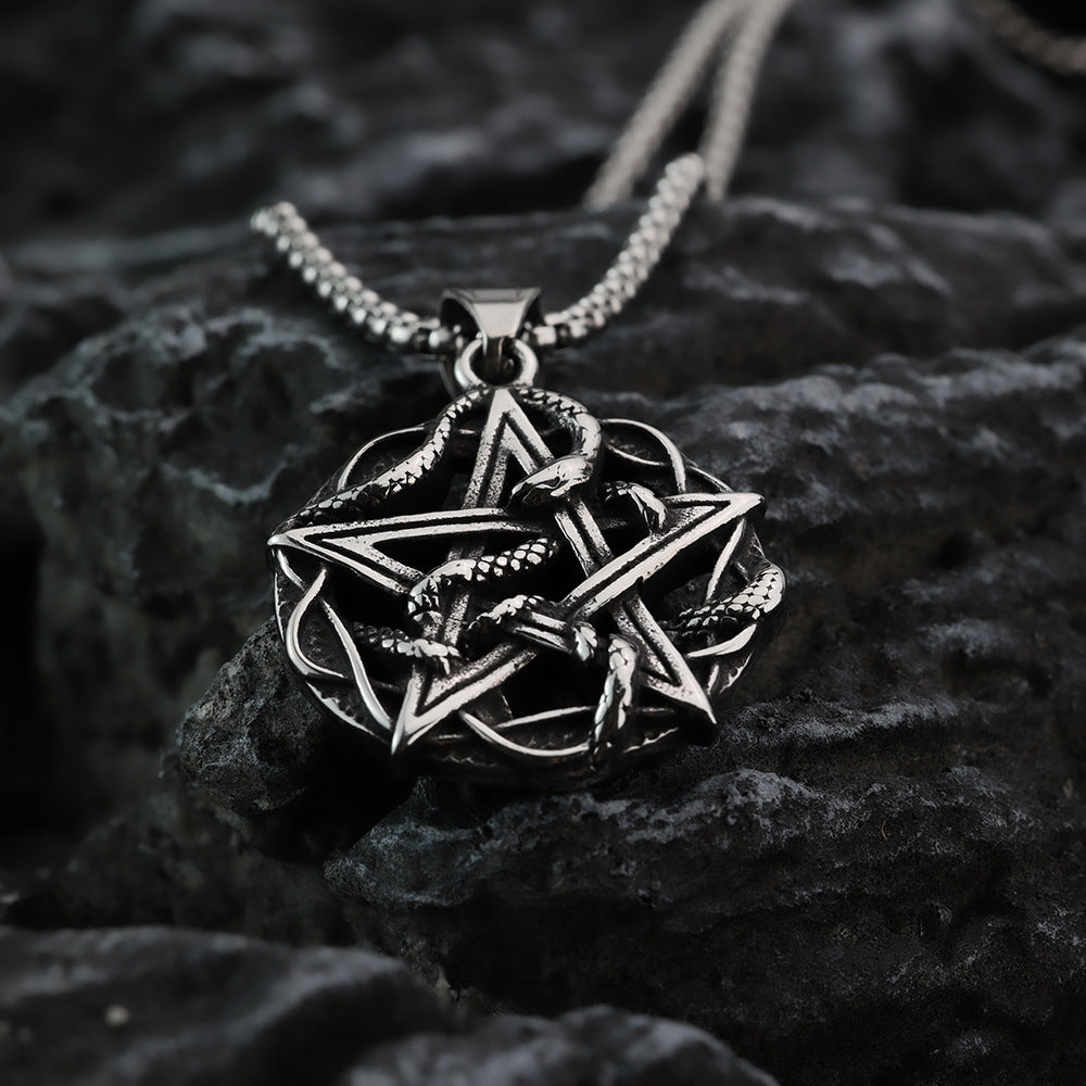 European And American Retro Men's Stainless Steel Pendant Hexagram Snake Necklace