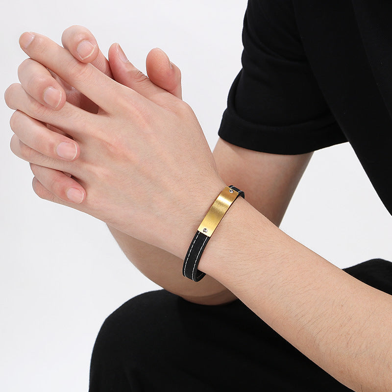 Stainless Steel Curved Bar Men's Bracelet – Business Leather Bracelet