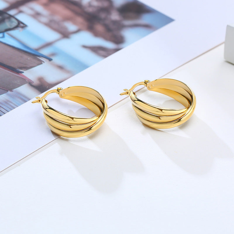 Korean Version Earrings Ins French Titanium Steel Three-Ring Jewelry