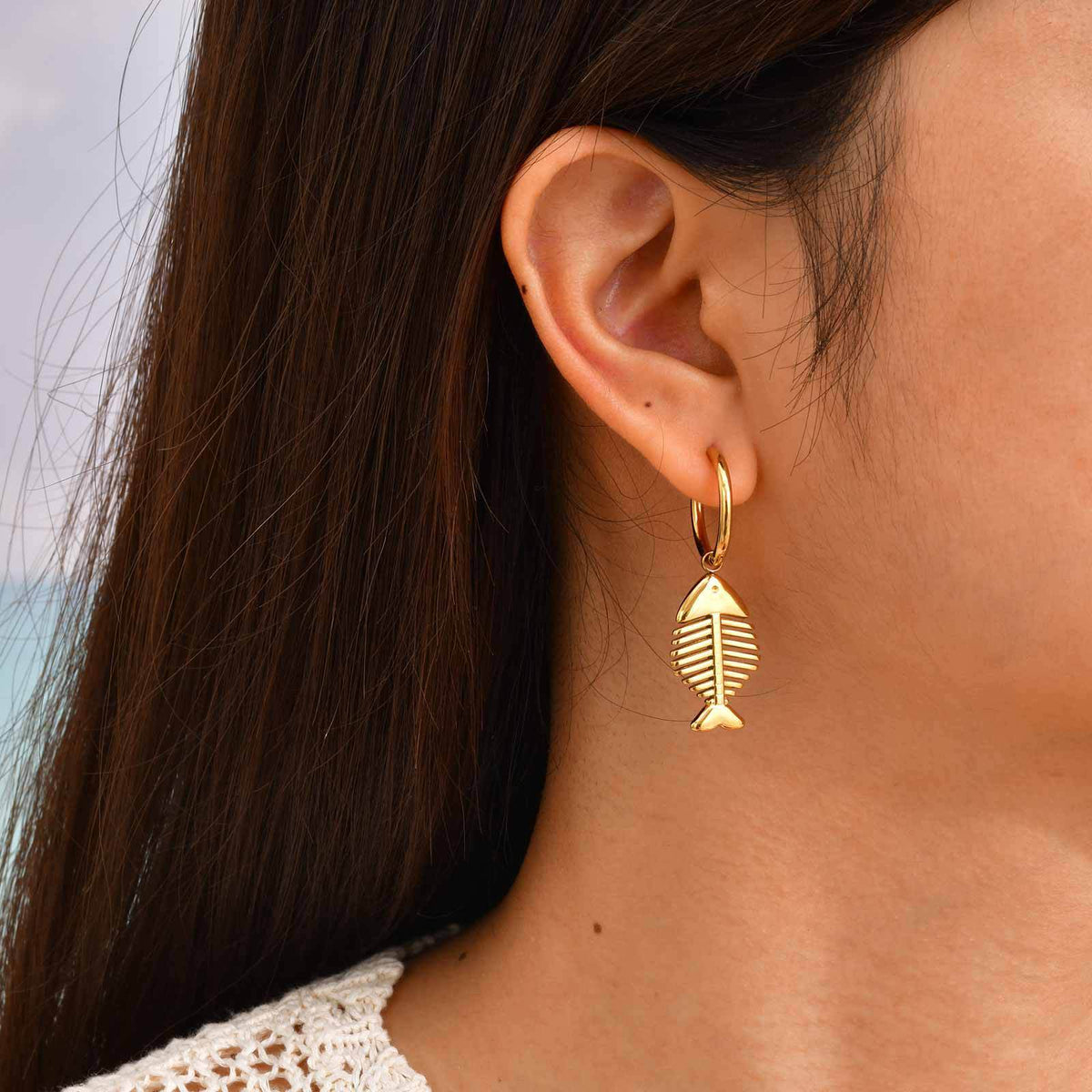 Gold-Tone Fish Skeleton Hoop Earrings