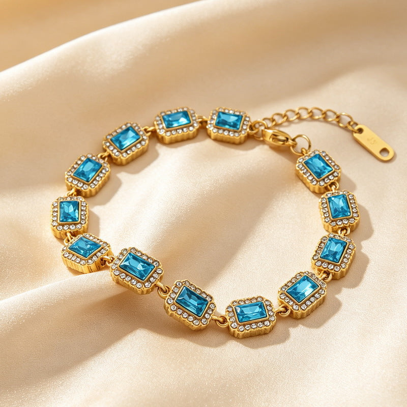 Color Surrounding Square Zircon Stainless Steel Bracelet Palace Style Adjustable