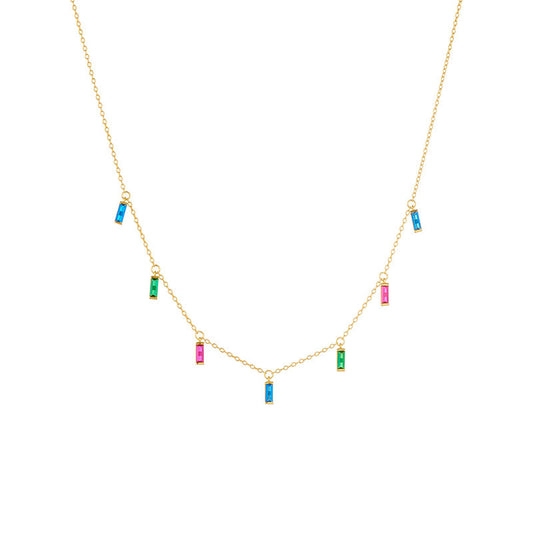 Small Rectangle Rainbow Zircons Silver Necklace