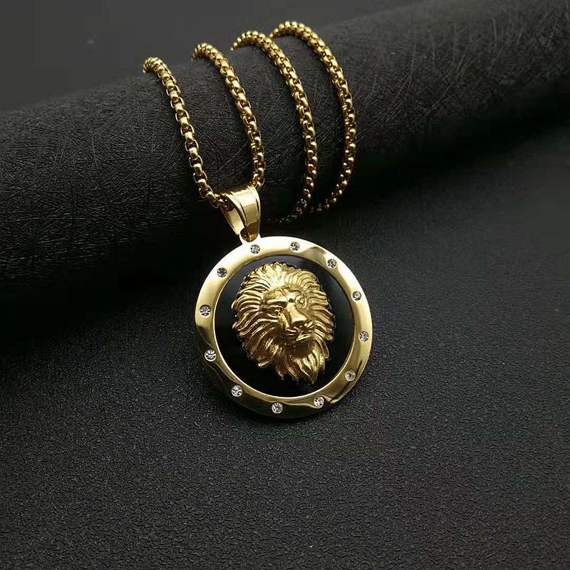 Planderful Lion Head Pendant Necklace Stainless Steel Gold Plated Rhinestone Hip Hop Jewelry For Men And Women